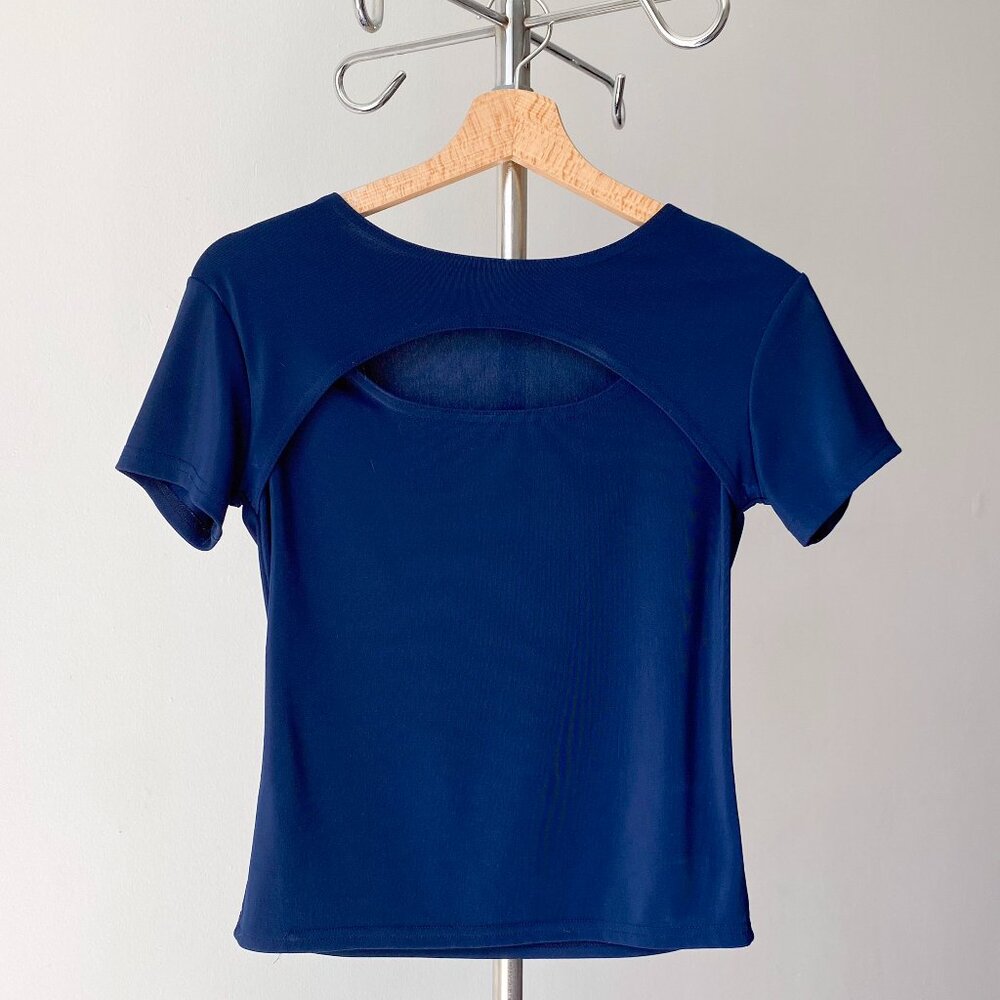🍂 Y2K Navy Blue Stretch Fitted Keyhole Short Sleeves Fitted Top